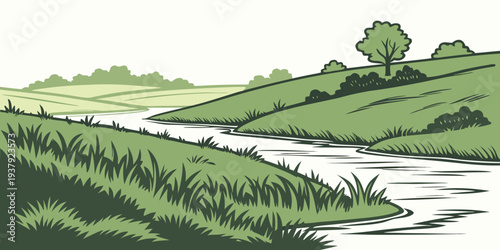 A serene landscape with a winding river flowing through lush green fields and distant hills Vector