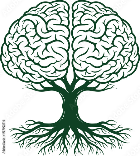 Green brain tree with roots and branches shaped like a human mind for growth logic intelligence psychology education nature and mental health designs