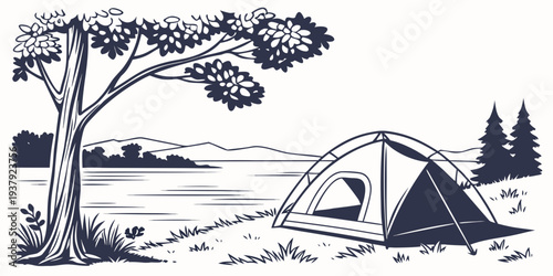 A serene campsite nestled in a lush forest with a majestic tree and a peaceful stream nearby. Vector