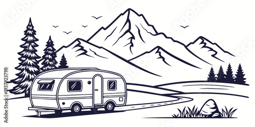 A serene campsite nestled in the mountains with a trailer and tent set up. Vector
