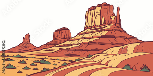 A vast desert landscape with towering red rock formations under a clear blue sky Vector