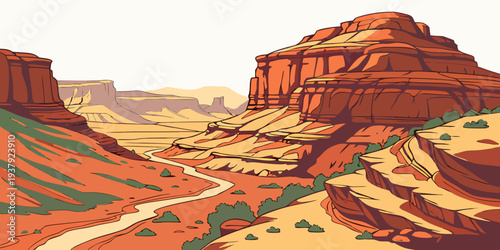 A vast desert landscape with towering red rock formations and winding roads. Vector