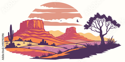 A serene sunset over red rock formations with a lone tree in the foreground Vector