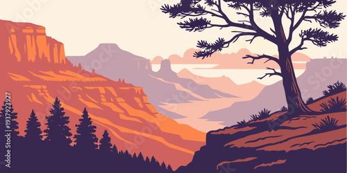 A majestic tree stands tall on a cliff overlooking a vast canyon at sunset Vector