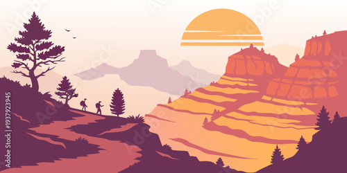 A serene landscape with rolling hills and a vibrant sunset over a distant mountain range Vector