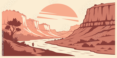 A serene landscape with a winding river and distant mountains under a setting sun Vector