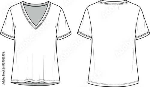 Women's V-neck t-shirt technical flat sketch vector illustration with front and back views, blank white short sleeve apparel template.