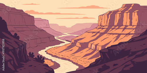 A vast canyon landscape with deep red and orange hues under a clear blue sky Vector