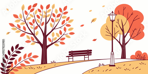 A serene autumn park scene with vibrant trees and a peaceful bench. Vector