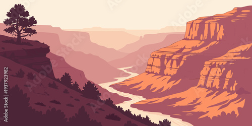 A breathtaking view of a vast canyon landscape under a clear blue sky. Vector