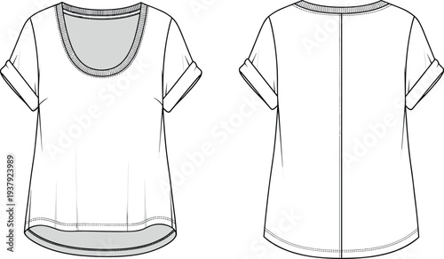 Women's Relaxed Fit Scoop Neck T-Shirt Vector Technical Flat Sketch with Rolled Short Sleeves, High-Low Curved Hem, and Back Seam.