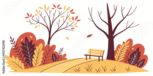 A serene autumn landscape with trees shedding their leaves in a golden forest. Vector