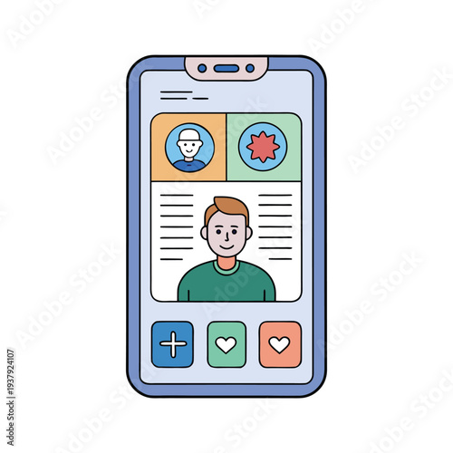 Mobile phone showing social media profile and user information, online