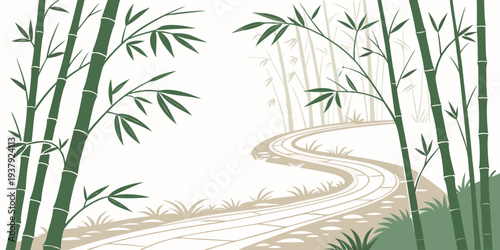 Serene bamboo forest with a tranquil stream and misty atmosphere Vector