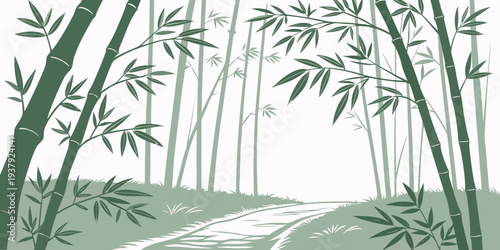 A serene bamboo forest with a winding path leading into the distance. Vector
