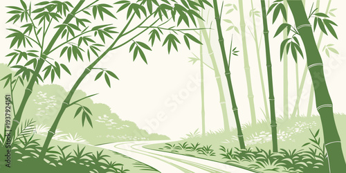 Serene bamboo forest with sunlight filtering through the tall green stalks Vector