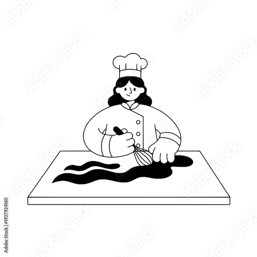 Minimalist Illustration of a Chef Tempering Chocolate or Clean Outline Drawing of a Pastry Chef Preparing Dessert