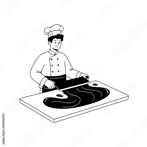 Minimalist line art food preparation illustration or Simple line drawing chocolate tempering chef illustration