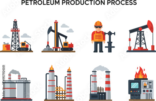 Petroleum production process showing oil extraction and refining Includes equipment worker and flame