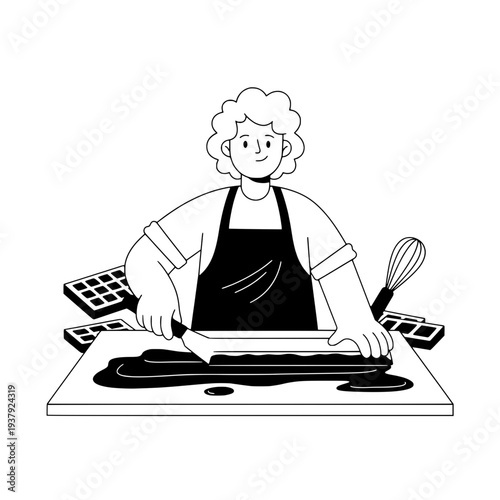 Artisanal Chocolate Making Line Art Illustration or Minimalist Person Tempering Chocolate Artwork