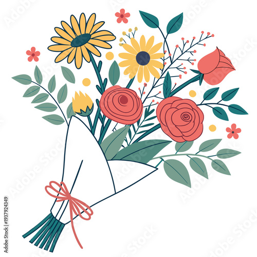 A vibrant bouquet of flowers with a variety of colors and types, tied together with a ribbon. Vector