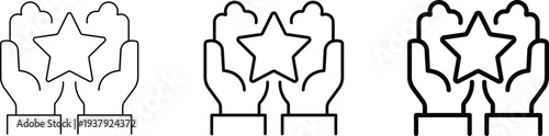 Outline icon depicting two hands gently cupping and presenting a single star, shown in varying line thicknesses for design flexibility.