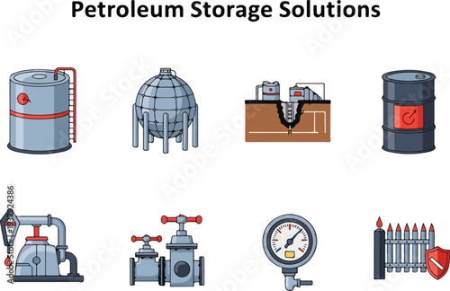 Petroleum storage solutions diagram with illustrations of tanks equipment and safety measures