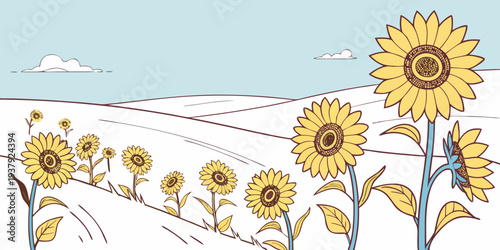 A vibrant field of sunflowers stretching towards a clear blue sky Vector