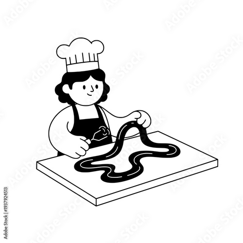 Cartoon Chef Tempering Chocolate Line Art Illustration or Minimalist Line Art of Chef Making Chocolate Dessert