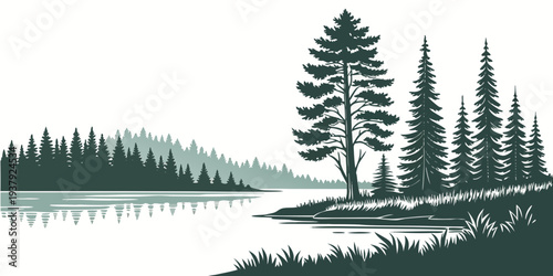 A serene winter landscape with snow-covered trees and a frozen lake. Vector