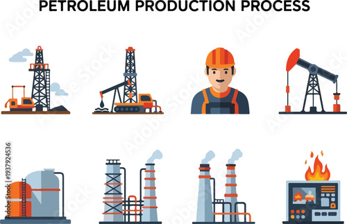 Petroleum production process Illustrations of drilling rigs worker pump jack storage tank refinery stacks control panel