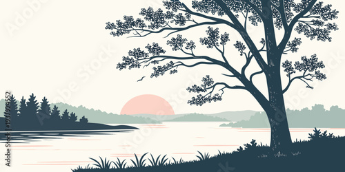 A serene landscape with a lone tree overlooking a calm lake at sunset Vector