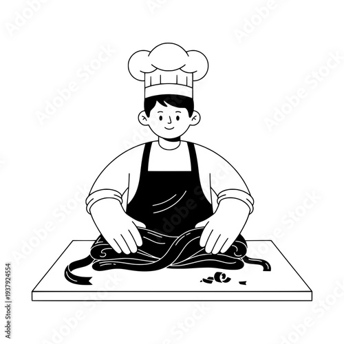 Chef tempering chocolate line art illustration or Cooking chocolate chef linear drawing