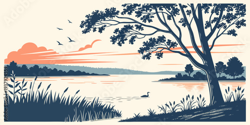 A serene landscape with a tree standing tall by a calm body of water under a clear sky Vector