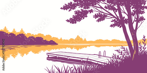A serene landscape with vibrant trees and a tranquil lake reflecting the sky Vector
