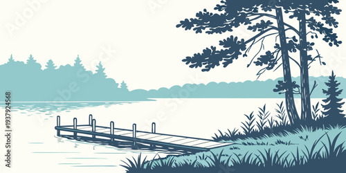 A serene lakeside scene with people in a boat and trees in the background Vector