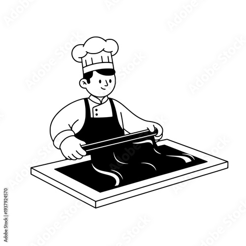 Chef illustration of tempering chocolate or Confectioner preparing chocolate illustration