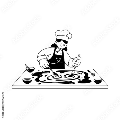 Chef tempering chocolate minimal drawing illustration or Cooking process with dark chocolate preparation doodle