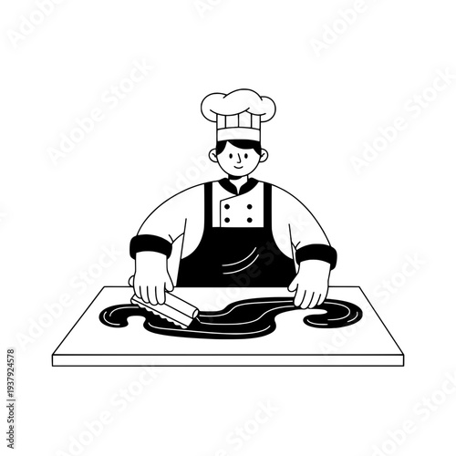 Chef preparing chocolate illustration graphic or Culinary artist tempering chocolate aesthetic icon