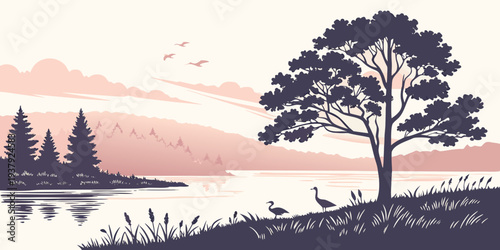 A serene landscape with a solitary tree standing tall on a hill at sunset Vector