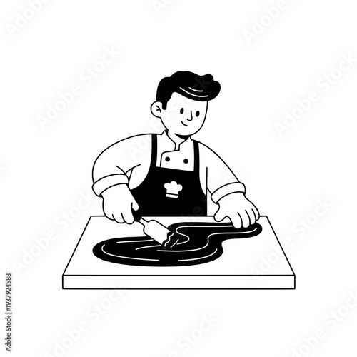 Chef tempering chocolate minimalist template or Simple line art baker spreading chocolate template