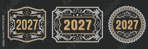 ornate classic old west style cowboy buckle medal typographic emblem label design, decorative floral frame luxurious shape twenty twenty seven, vintage western sheriff badge rank insignia rodeo champi
