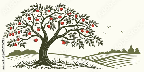 A majestic tree stands tall in a serene landscape with a clear blue sky. Vector