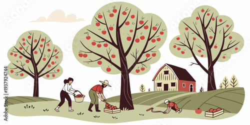 A serene countryside scene with horses grazing under a clear blue sky Vector