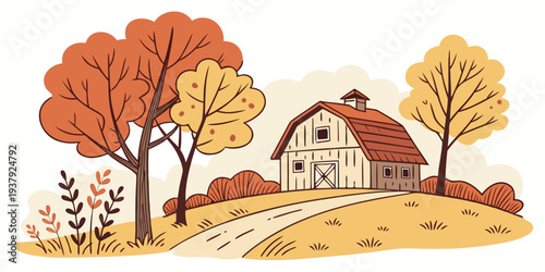 A picturesque autumn landscape with a quaint house nestled among vibrant trees. Vector