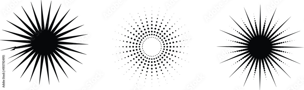 Fototapeta premium Three black and white radial pattern with varying dot and line densities dots