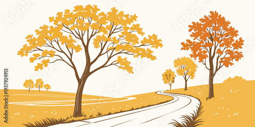 Two trees with orange leaves standing on a hillside with a winding path. Vector