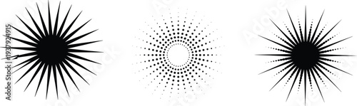 Three black and white radial pattern with varying dot and line densities dots