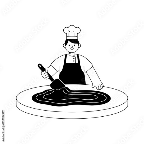 Chocolate tempering modern illustration or Chef working chocolate dessert minimalist art