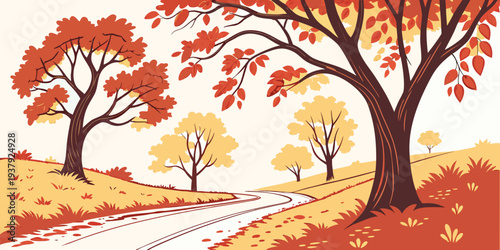 A serene autumn landscape with colorful trees and a winding path Vector